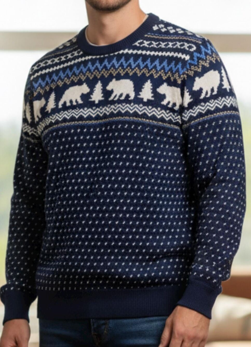 J.Crew mens cotton Fair Isle bear crewneck sweater. Size XL